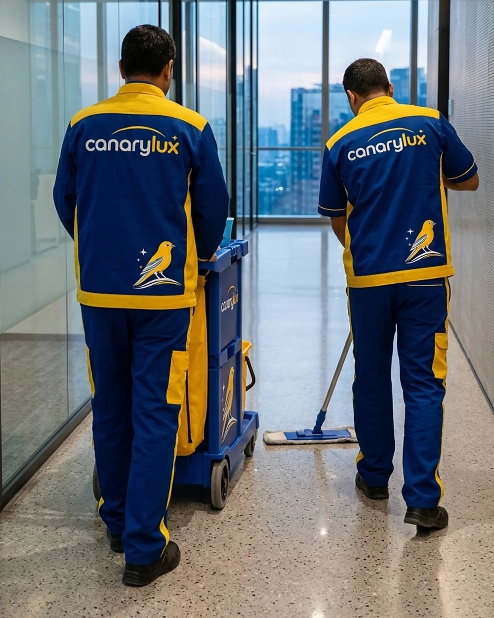 Equipo de canarylux con el uniforme azul y amarillo limpiando el pasillo de una oficina
